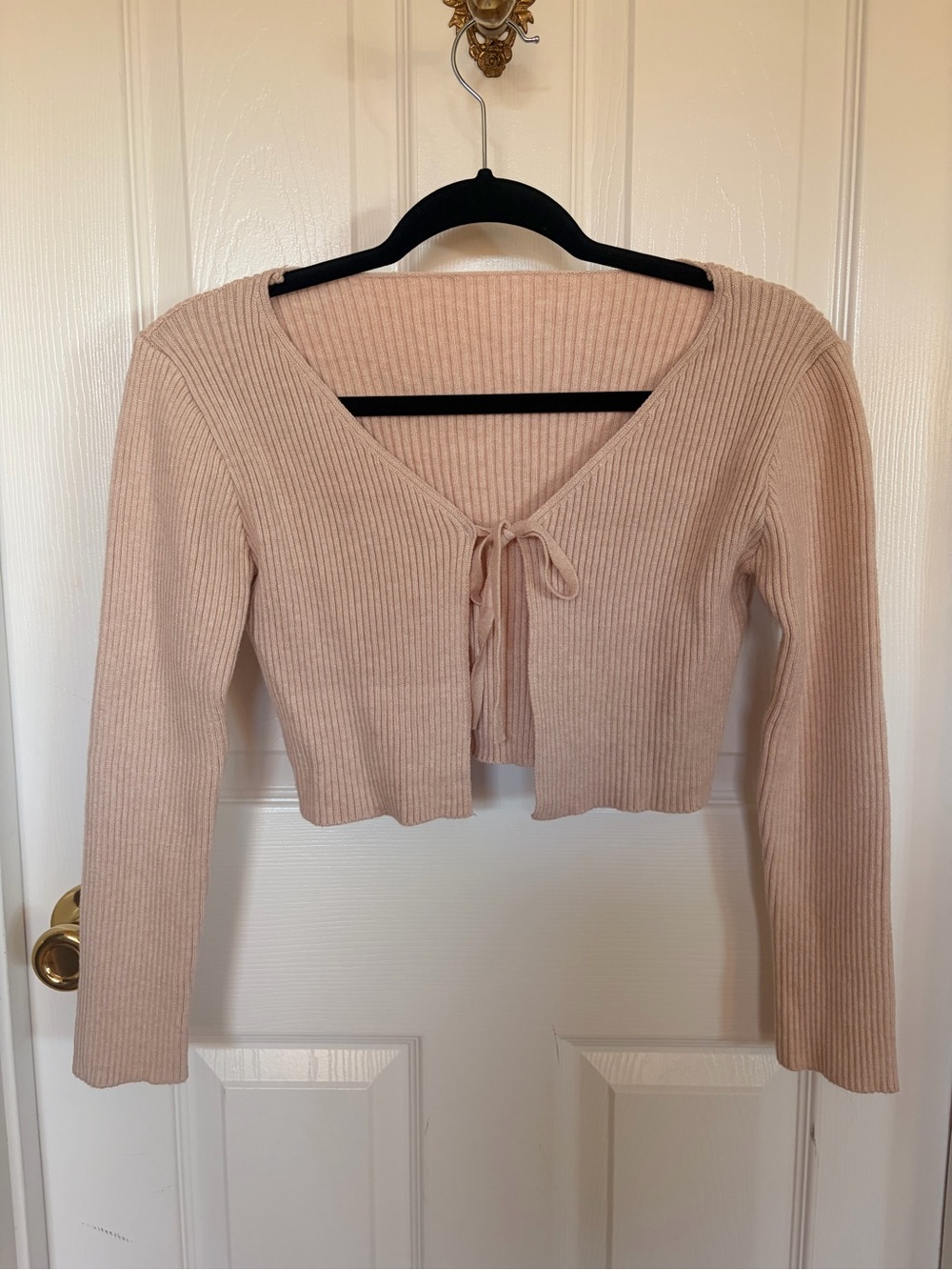 Tie-Front Soft Ribbed Cropped Knit Top - Oatmeal S